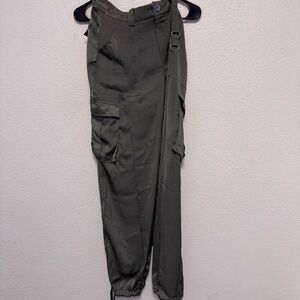olive green cargo pants silk with baggy pockets and ties